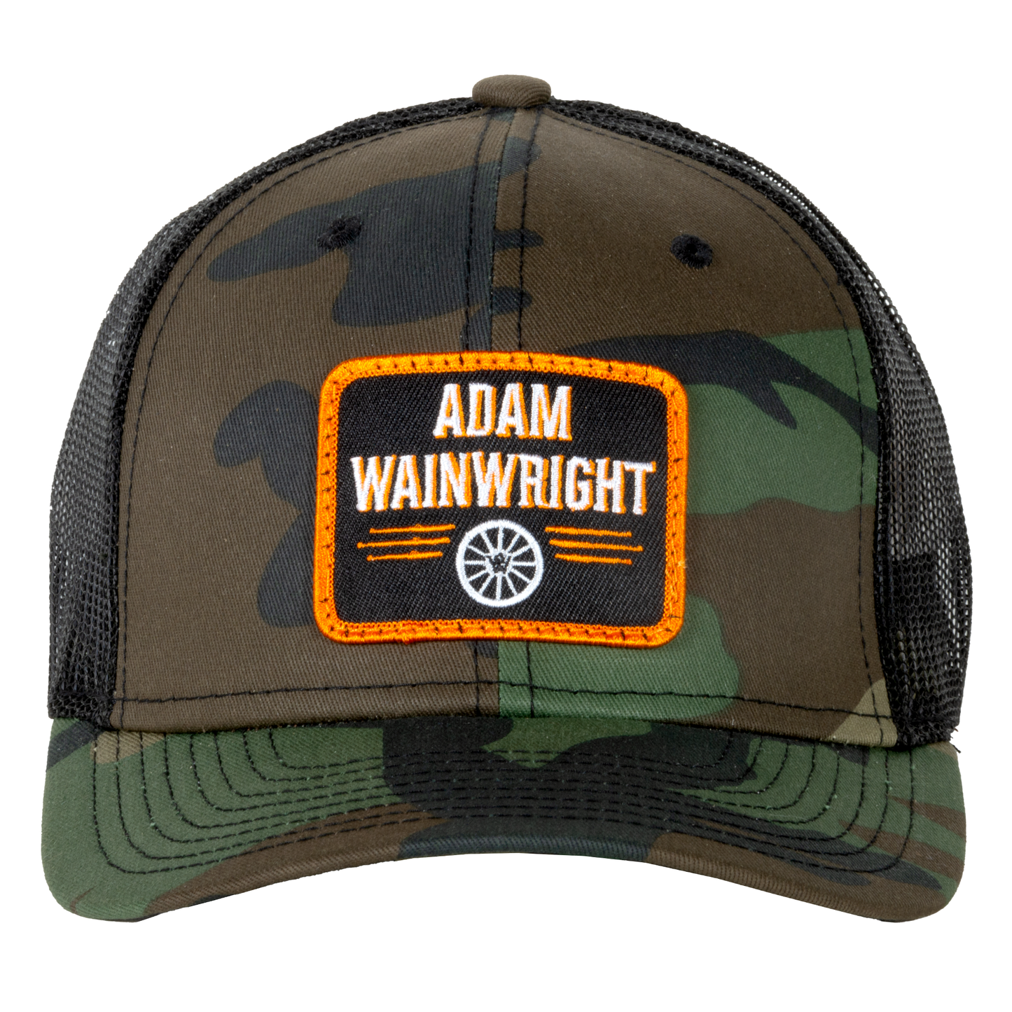 baseball hat-camo/black-"adam wainright" with wagon wheel patch